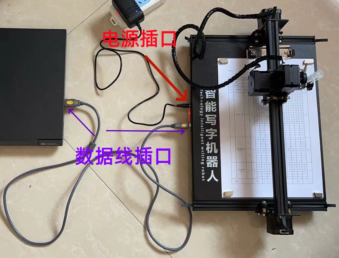 机器通电：电源插口与数据线插口示意